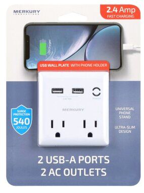 Merkury Innovations 2 Outlets with 2 USB Charging Ports and Phone Stand, White